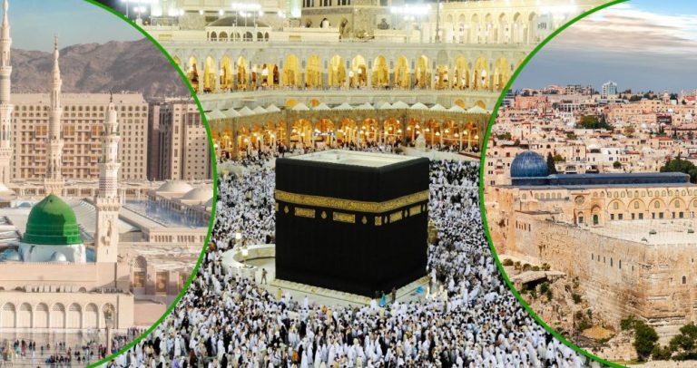 Collage of Islam's three holy sites: Masjid al-Nabawi, Kaaba in Mecca, and Al-Aqsa Mosque.