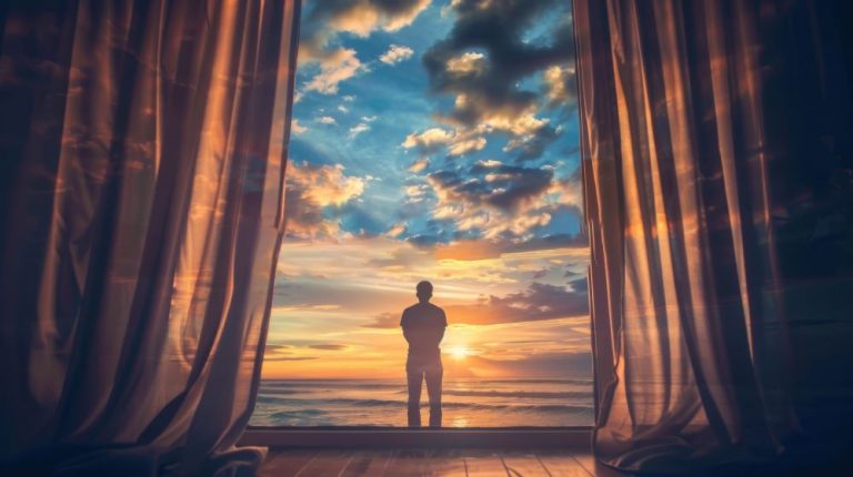 Man silhouetted in a doorway, gazing at a vibrant ocean sunset through parted curtains.